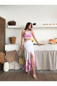 Etnik Desenli Siyah Crop ve Yırtmaçlı Maxi Etek Takım